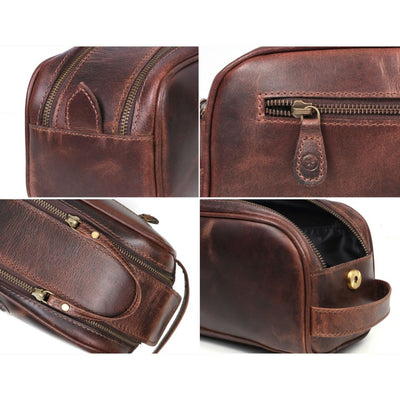 Aaron Leather Goods Vintage Leather Toiletry Travel Bag, Walnut Brown (Open Box) - VMInnovations