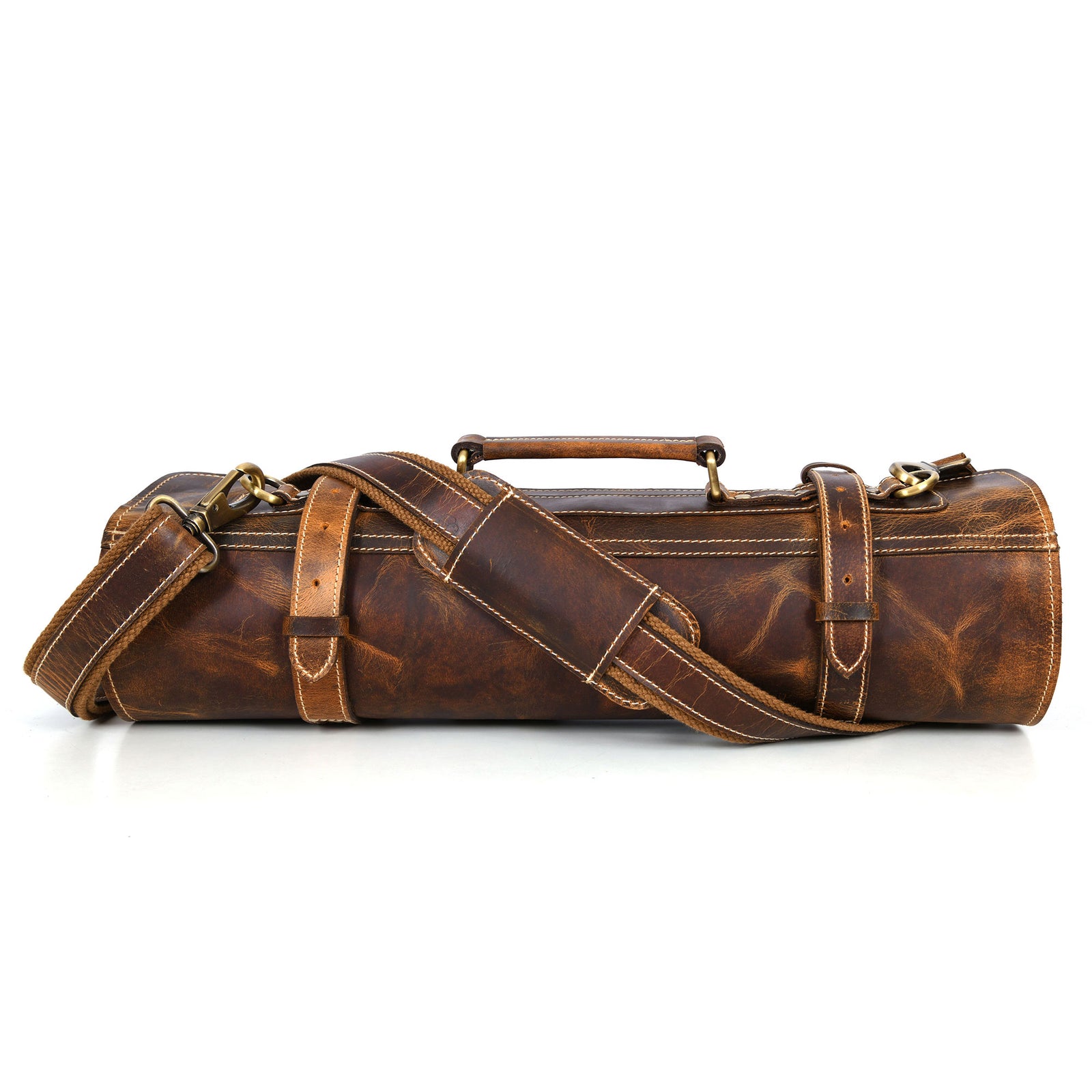 Aaron Leather Goods Tuscania Knife Roll Storage Bag Case, Caramel Brown Leather - VMInnovations
