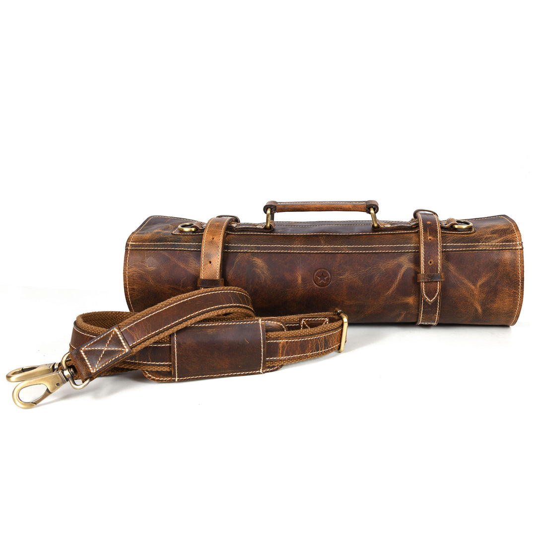 Aaron Leather Goods Tuscania Knife Roll Storage Bag Case, Caramel Brown Leather