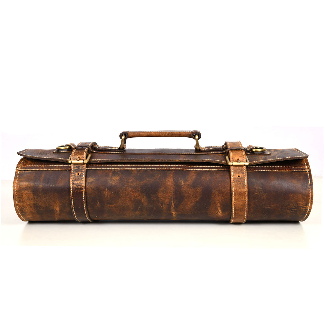 Aaron Leather Goods Tuscania Knife Roll Storage Bag Case, Caramel Brown Leather