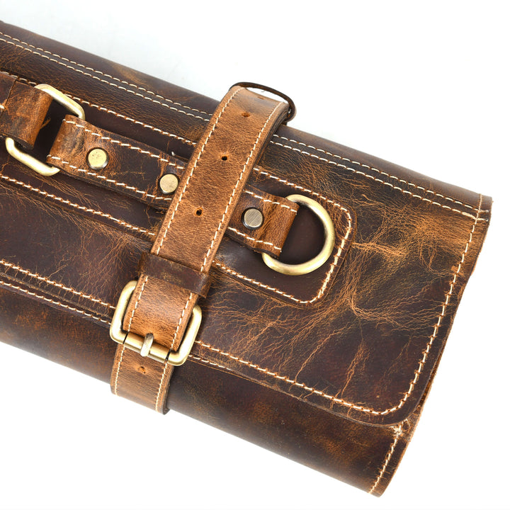 Aaron Leather Goods Tuscania Knife Roll Storage Bag Case, Caramel Brown Leather