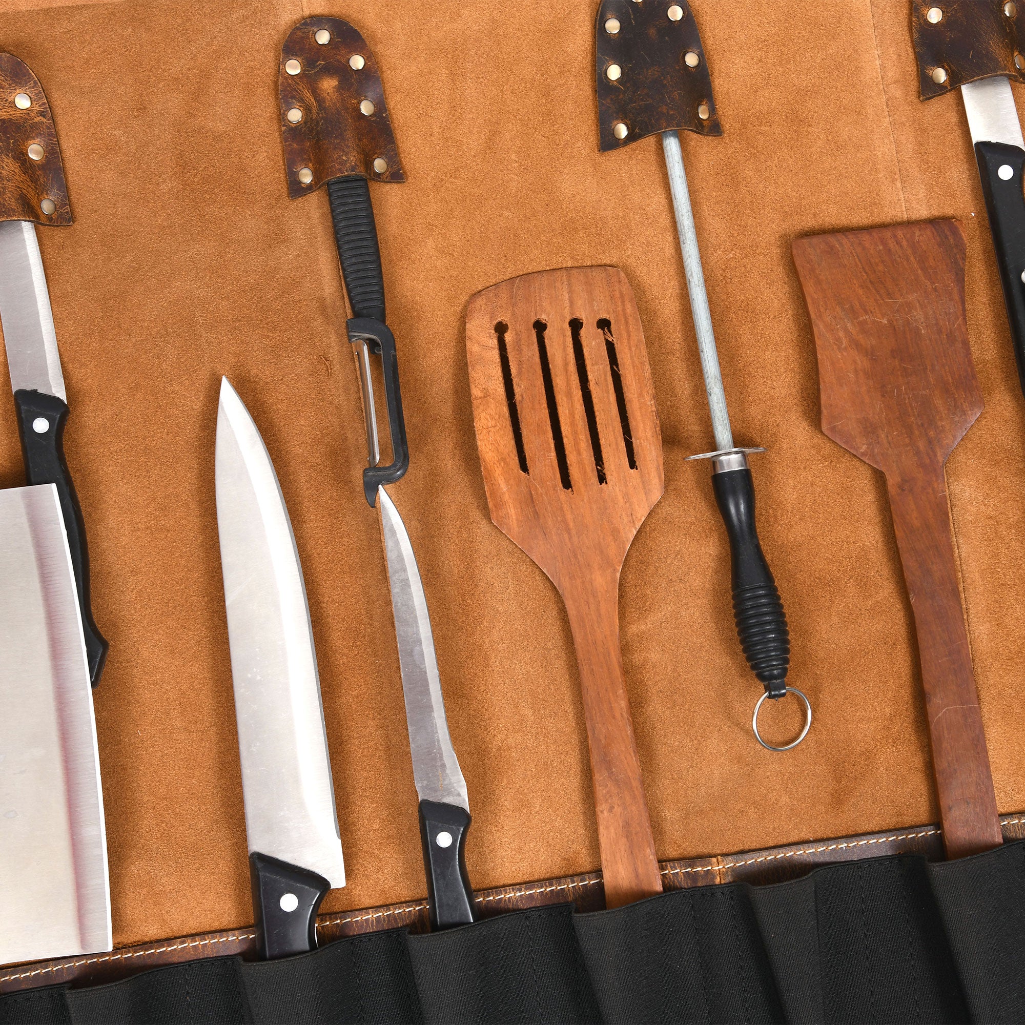Aaron Leather Goods Tuscania Knife Roll Storage Bag Case, Caramel Brown Leather - VMInnovations