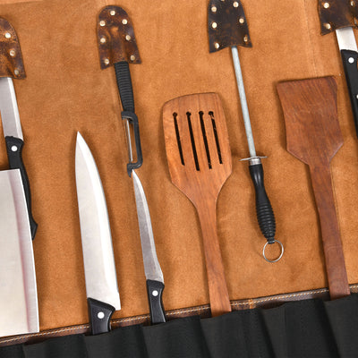 Aaron Leather Goods Tuscania Knife Roll Storage Bag Case, Caramel Brown Leather - VMInnovations