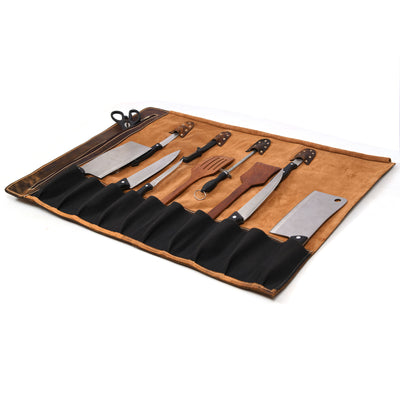 Aaron Leather Goods Tuscania Knife Roll Storage Bag Case, Caramel Brown Leather - VMInnovations