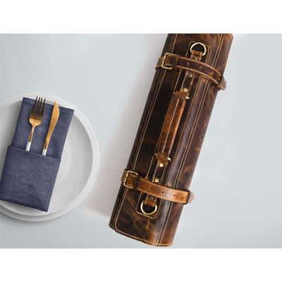Aaron Leather Goods Tuscania Knife Roll Storage Bag Case, Caramel Brown Leather - VMInnovations