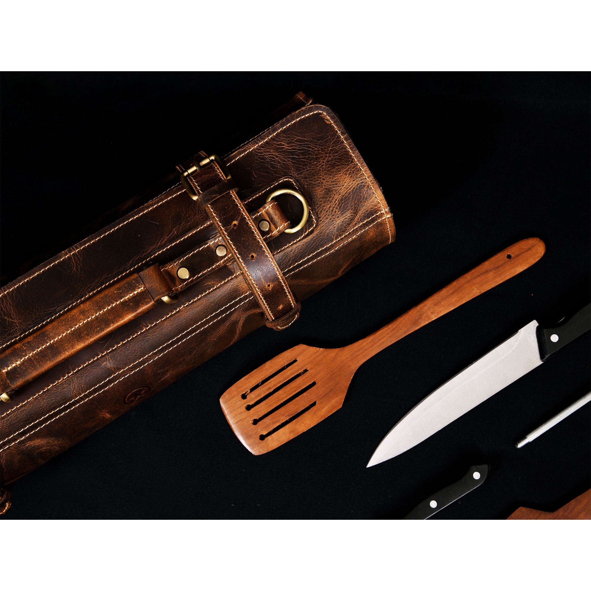 Aaron Leather Goods Tuscania Knife Roll Storage Bag Case, Caramel Brown Leather - VMInnovations