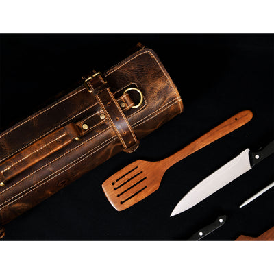 Aaron Leather Goods Tuscania Knife Roll Storage Bag Case, Caramel Brown Leather - VMInnovations