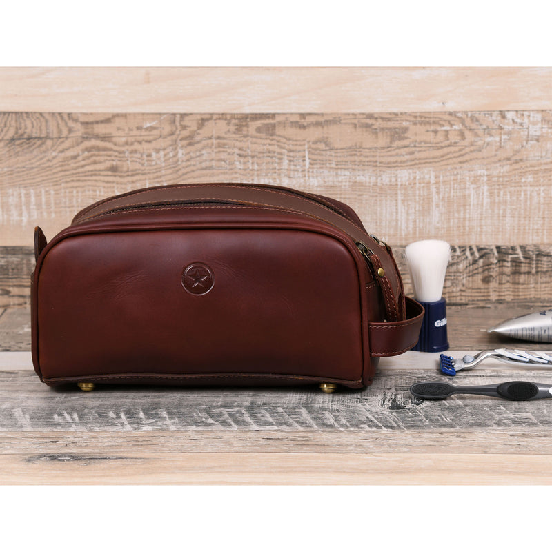 Aaron Leather Goods Tampa Vintage Leather Dopp Kit Travel Toiletry Bag, Walnut