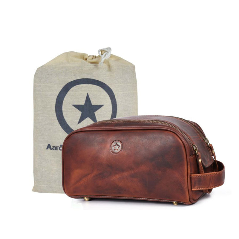 Aaron Leather Goods Omaha Vintage Leather Dopp Kit Travel Toiletry Bag, Chestnut
