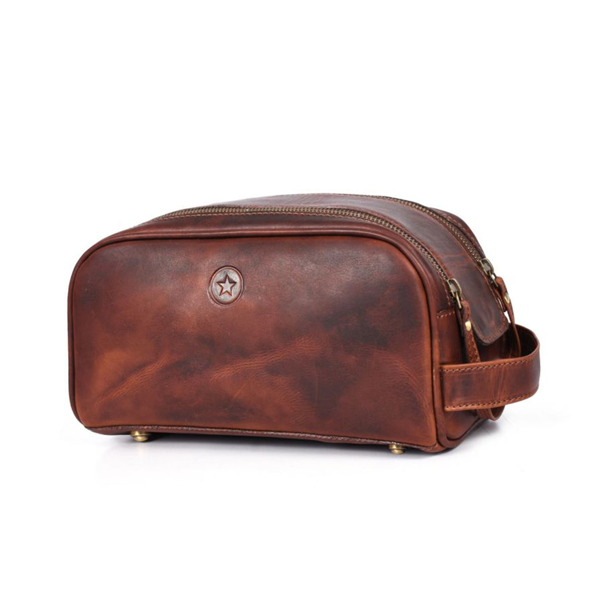 Aaron Leather Goods Omaha Vintage Leather Dopp Kit Travel Toiletry Bag, Chestnut
