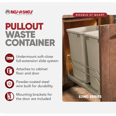 Rev-A-Shelf Double Pullout Trash Can 27 qt. w/ Soft-close, 53WC-1527SCDM-212 - VMInnovations