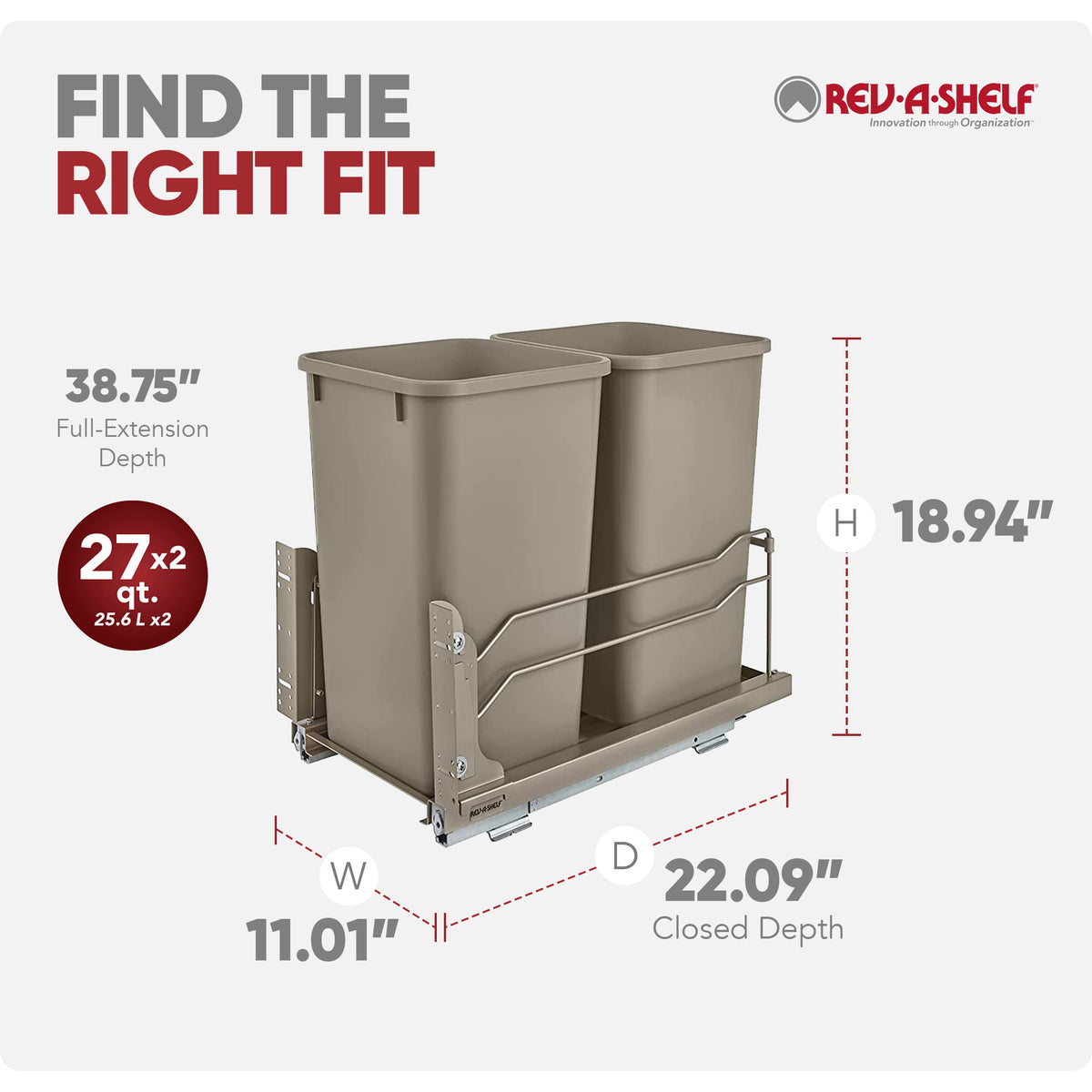 Rev-A-Shelf Double Pullout Trash Can 27 qt. w/ Soft-close, 53WC-1527SCDM-212
