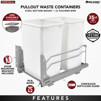 Rev-A-Shelf Double Pull Out Trash Can 27 Qt with Soft-Close, 53WC-1527SCDM-212