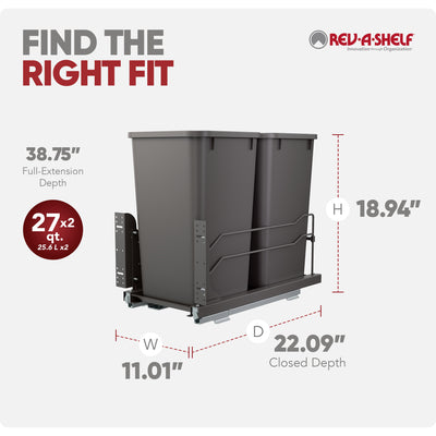Rev-A-Shelf Double Pullout Trash Can 27 qt. with Soft-close, 53WC-1527SCDM-213