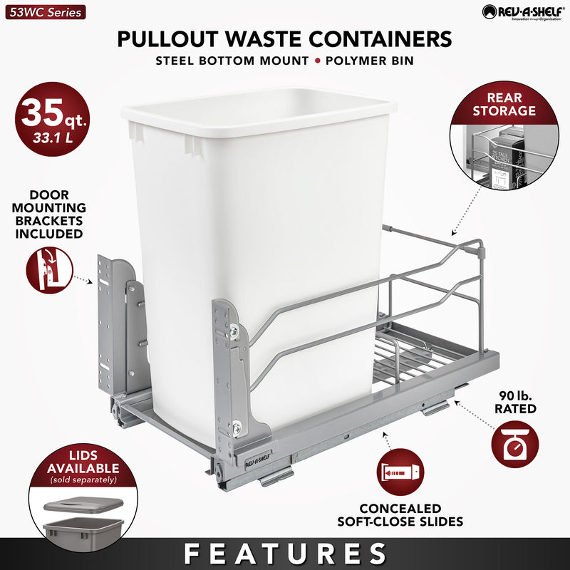 Rev-A-Shelf Pull Out Kitchen Trash Can 35 Qt with Soft-Close, 53WC-1535SCDM-113