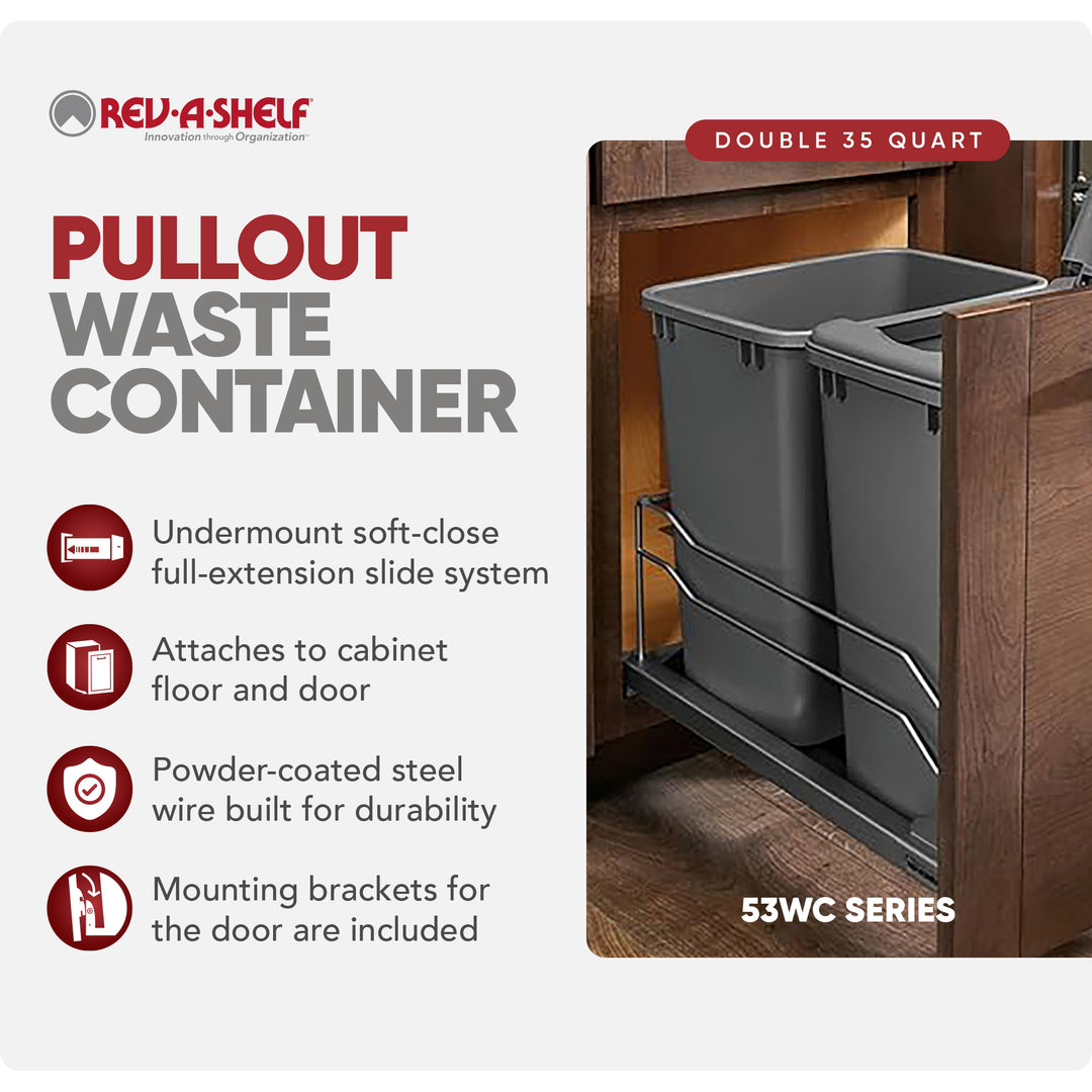 Rev-A-Shelf Double Pullout Trash Cans 35 qt. with Soft-close, 53WC-1835SCDM-213 - VMInnovations