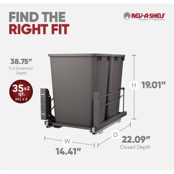 Rev-A-Shelf Double Pullout Trash Cans 35 qt. with Soft-close, 53WC-1835SCDM-213 - VMInnovations