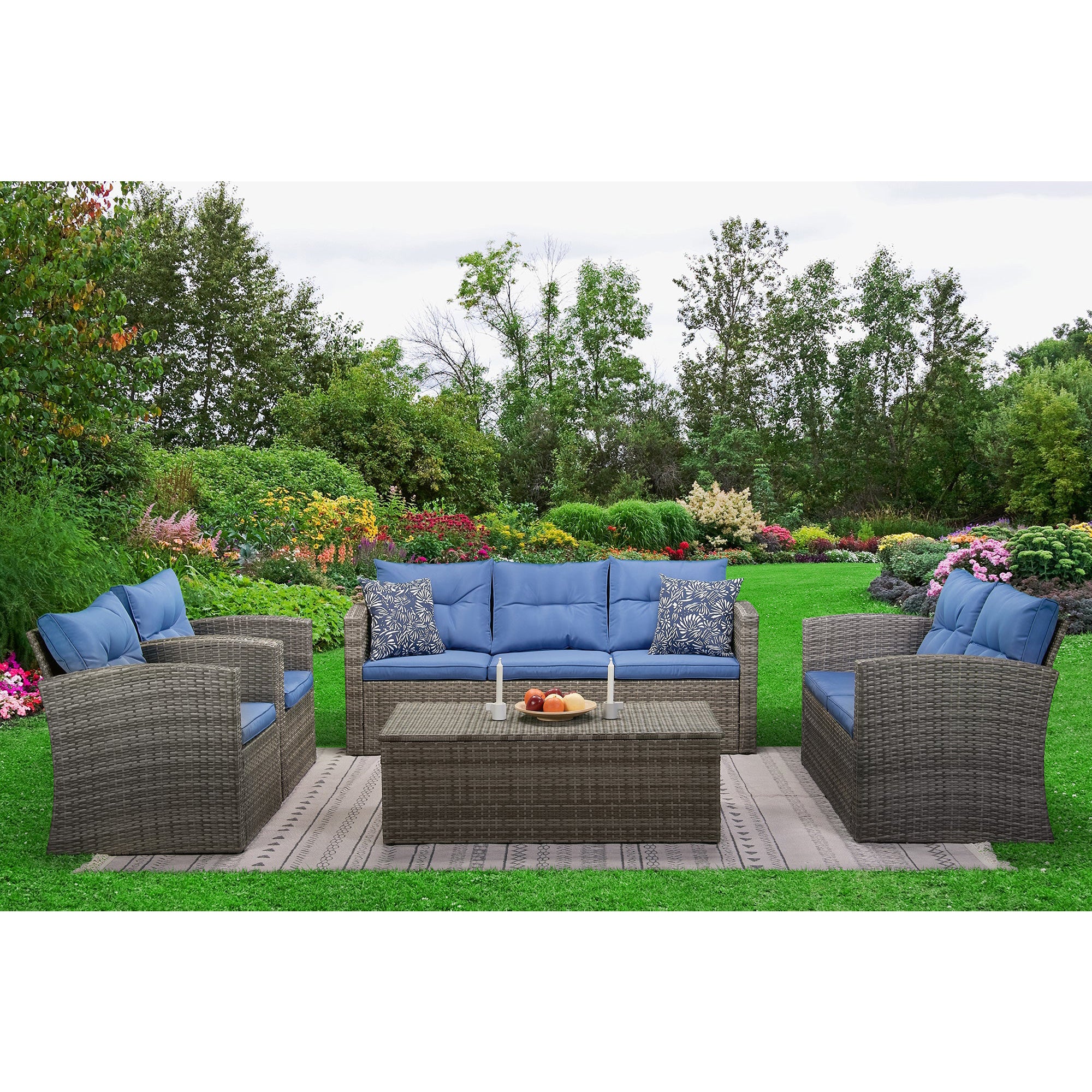 Edyo Living 5-Piece Gray Wicker Modular Patio Furniture Conversation Set, Blue