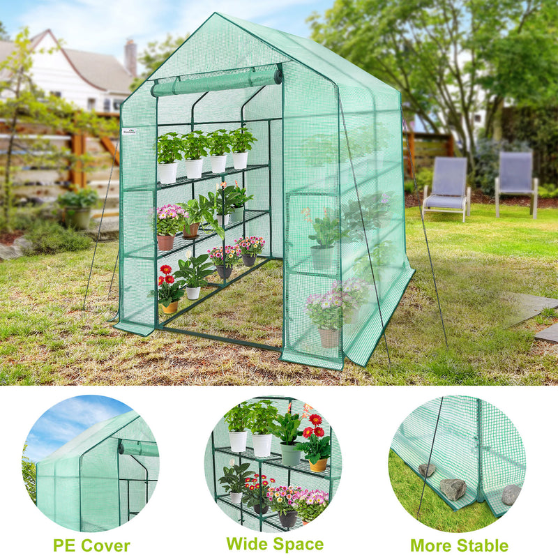 Hanience Walk-in Outdoor/Indoor Covered Plant Greenhouse w/ 8 Wire Shelves(Used)