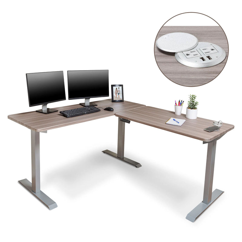 BRODAN Electric Standing L-Shaped Work Desk w/ Charging Station, Oak (For Parts)