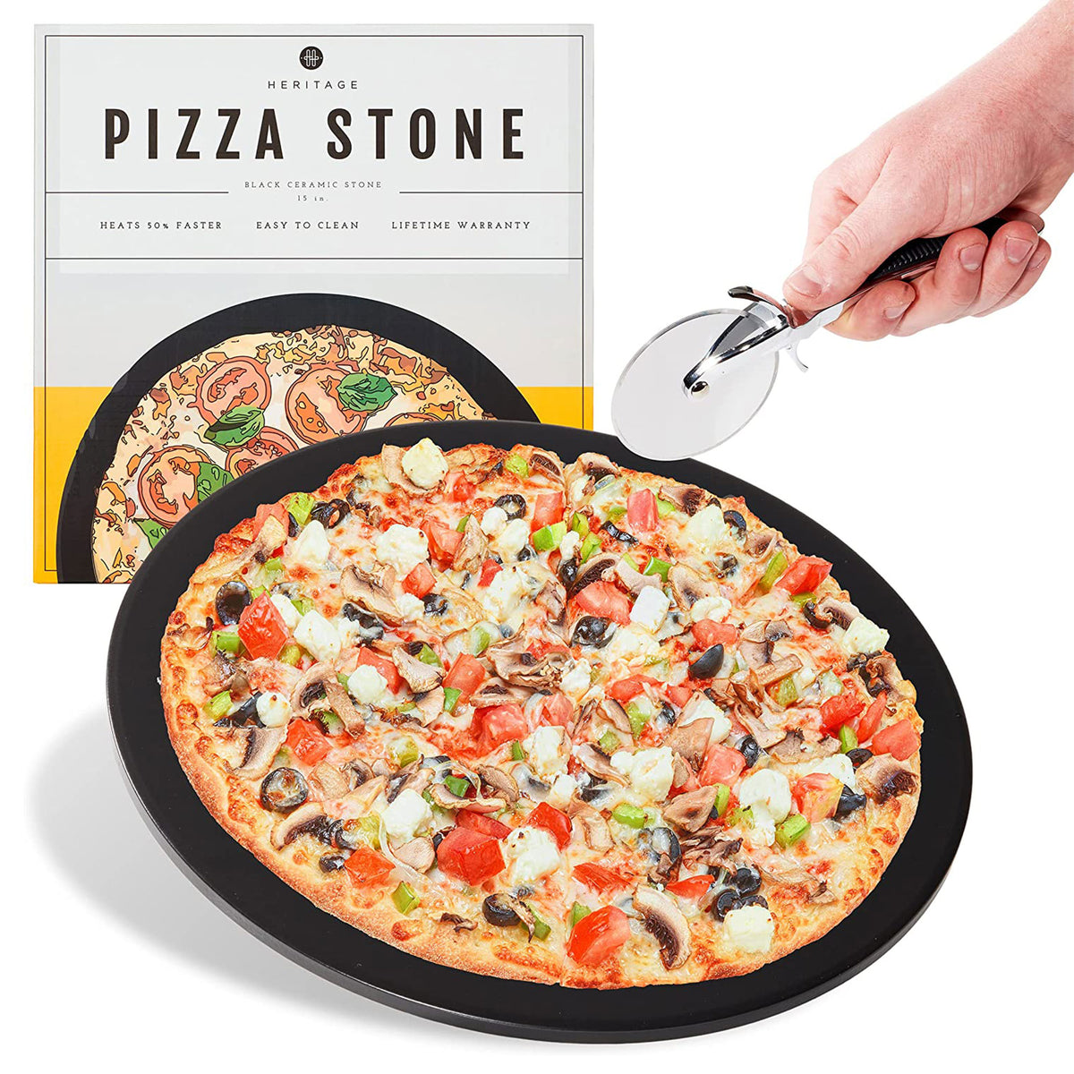 Heritage Products 15" Round Ceramic Non Stick Pizza Stone w/Wheel Cutter, Black - VMInnovations