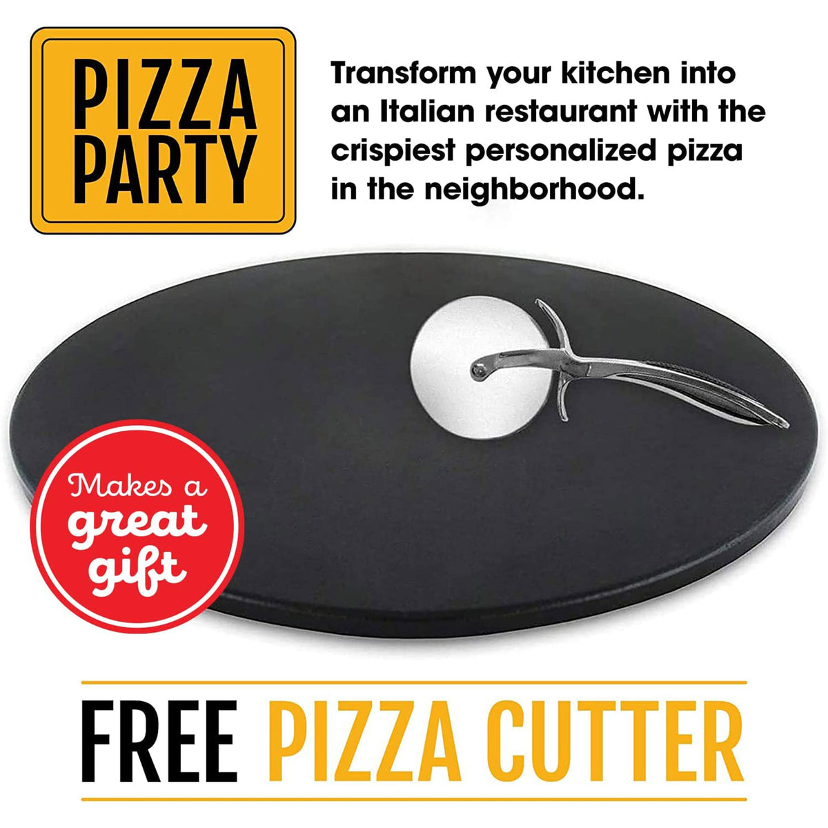 Heritage Products 15" Round Ceramic Non Stick Pizza Stone w/Wheel Cutter, Black - VMInnovations