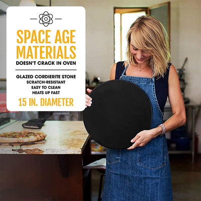 Heritage Products 15" Round Ceramic Non Stick Pizza Stone w/Wheel Cutter, Black - VMInnovations