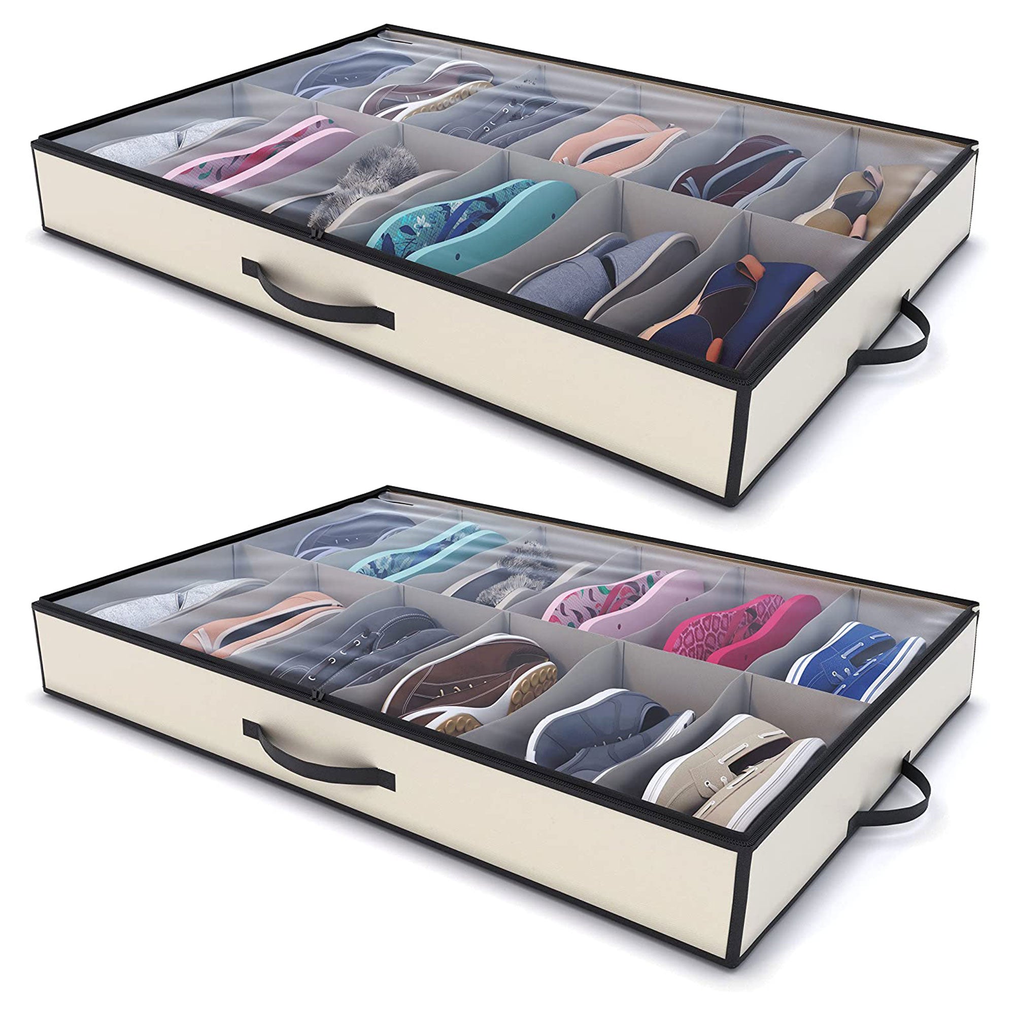 Woffit 12 Pair Under Bed Shoe Storage Zippered Organizer Box, Beige, Set of 2 - VMInnovations