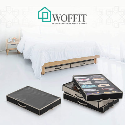 Woffit 12 Pair Under Bed Shoe Storage Zippered Organizer Box, Beige, Set of 2