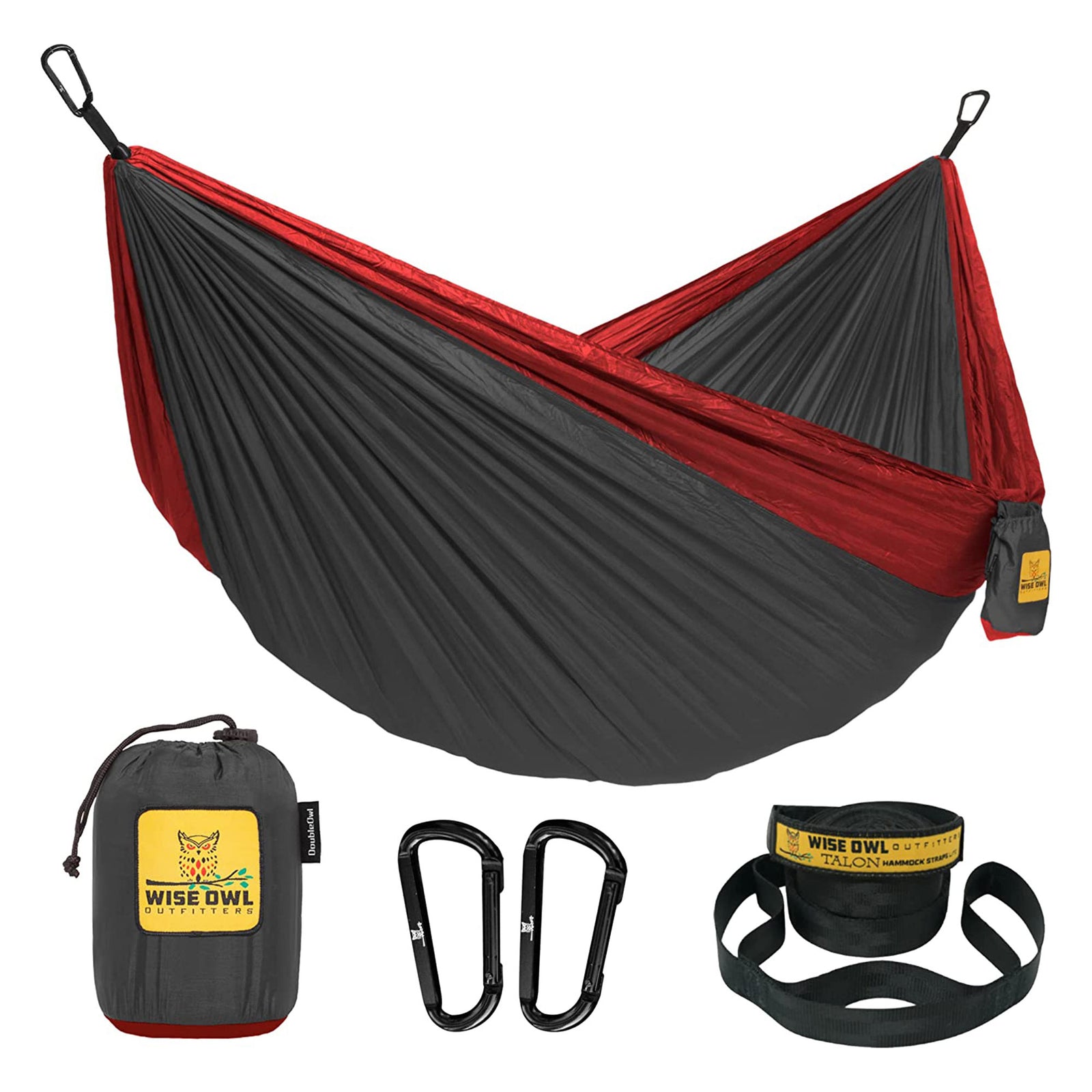 Wise Owl Outfitters Large DoubleOwl Hammock w/Adjustable Straps, Charcoal/Red - VMInnovations