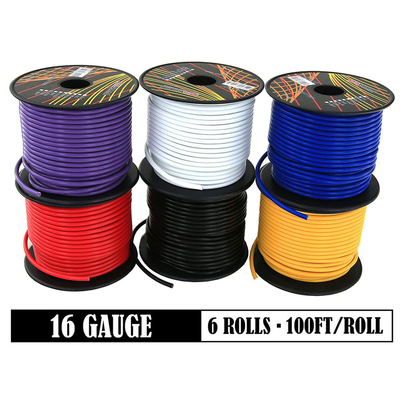 GS Power 16 Gauge General Purpose Low Volt Wiring, 100ft Per Roll, 6 Color Pack