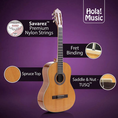 Hola! Music Pre Strung 39" Classical Guitar with Soft Nylon Strings, Natural - VMInnovations