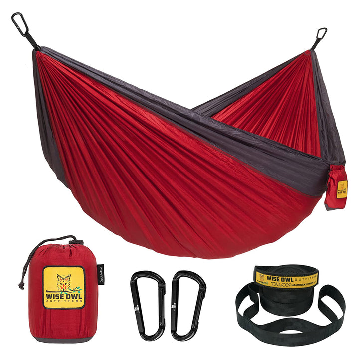 Wise Owl Outfitters Large DoubleOwl Hammock w/Adjustable Straps, Red/Charcoal