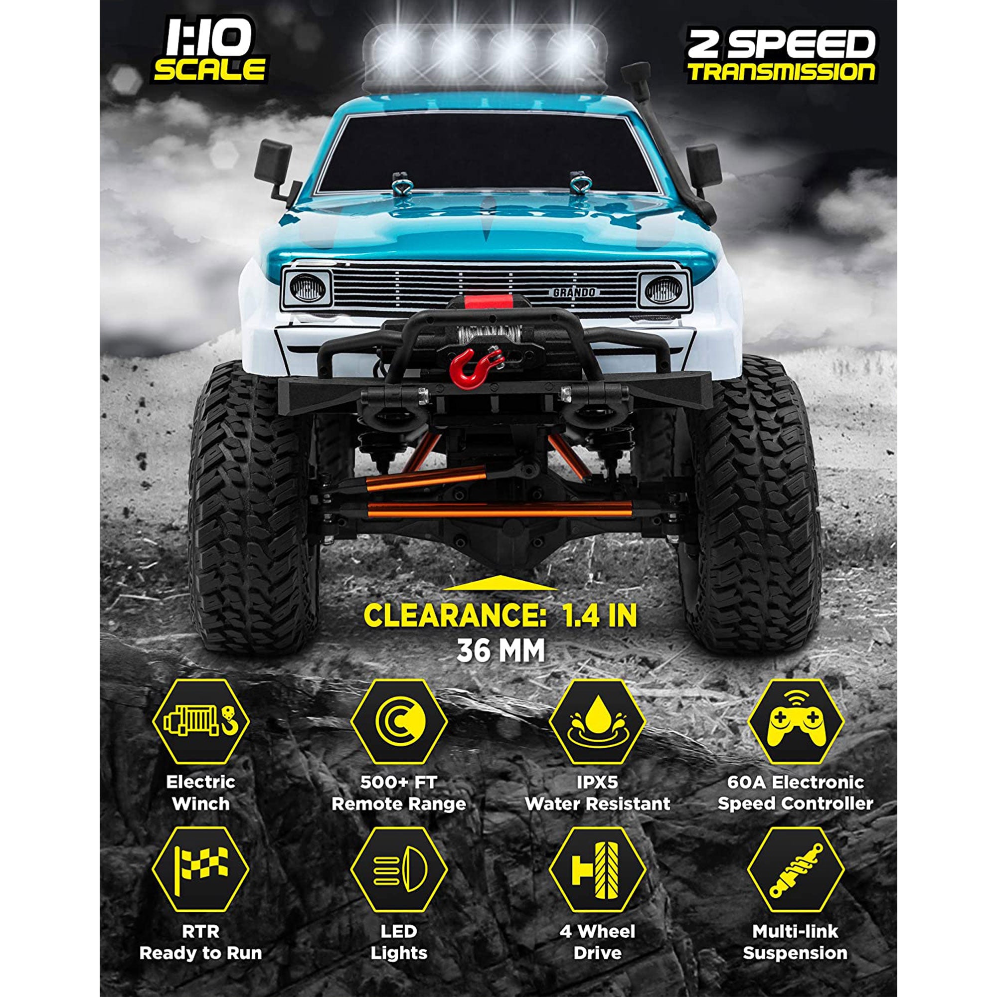 Grando 1:10 Scale RTR RC Remote Control Rock Crawler SUV, Blue-Green (Open Box) - VMInnovations