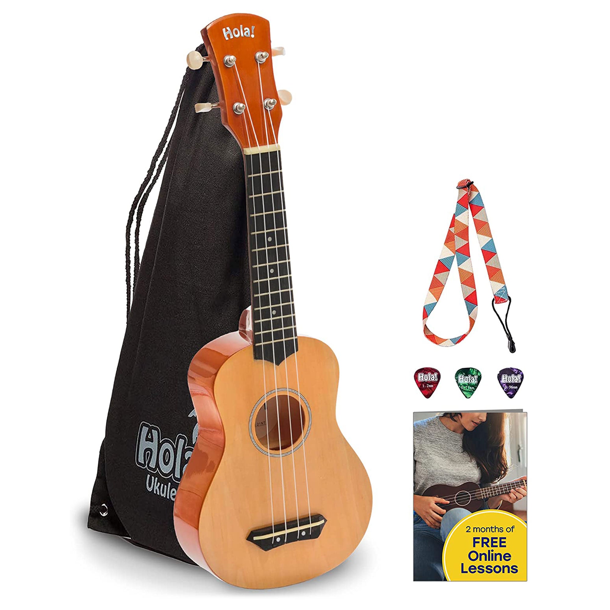 Hola! Music Color Series Soprano Ukulele with Tote Bag, Strap, & Picks, Natural - VMInnovations