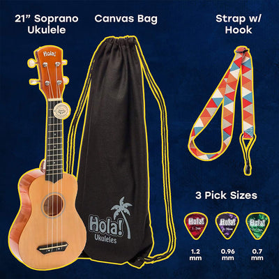 Hola! Music Color Series Soprano Ukulele with Tote Bag, Strap, & Picks, Natural