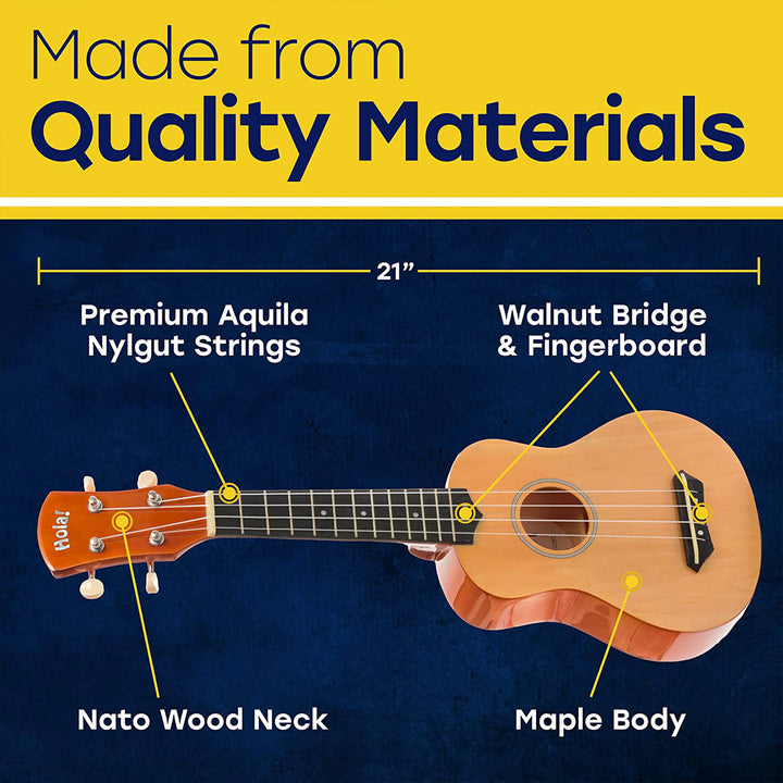 Hola! Music Color Series Soprano Ukulele with Tote Bag, Strap, & Picks, Natural