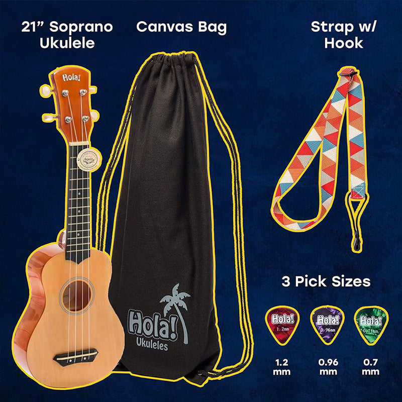 Hola! Music Color Series Soprano Ukulele Set with Tote Bag, Strap, & Picks, Pink