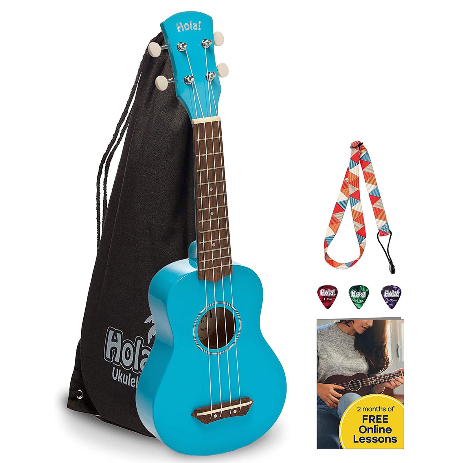Hola! Music Color Series Soprano Ukulele Set with Tote Bag, Strap, & Picks, Blue - VMInnovations