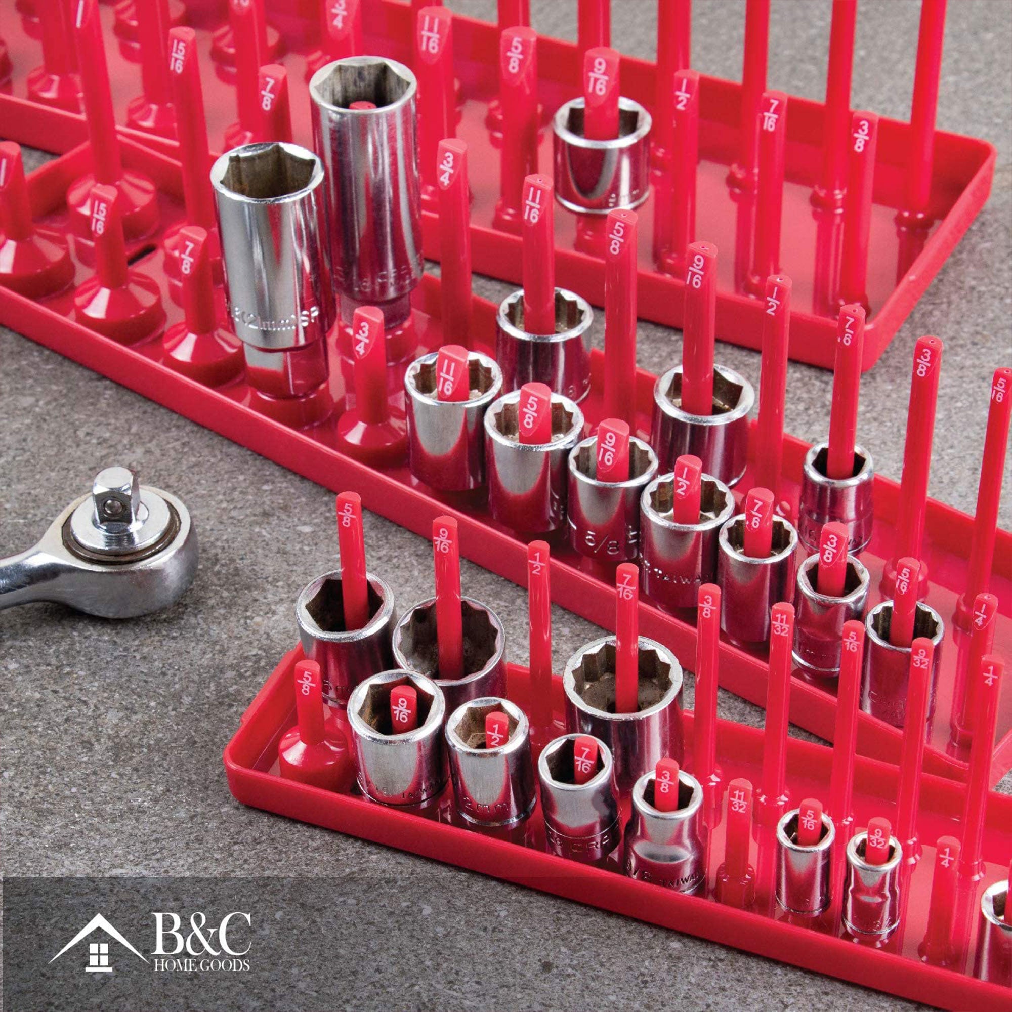 B&C Home Goods 6pc SAE & Metric Tray Socket Holder Toolbox Organizer(Open Box)