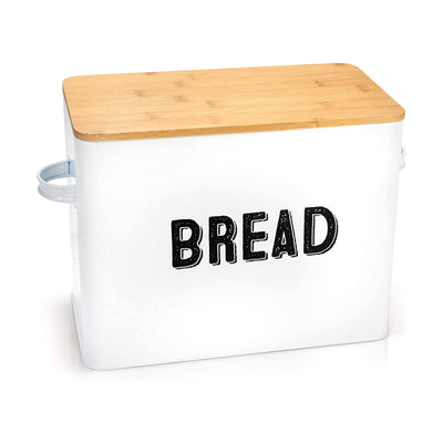 Granrosi 10" Tall Metal Bread Box Storage Container w/Bamboo Wooden Lid, White