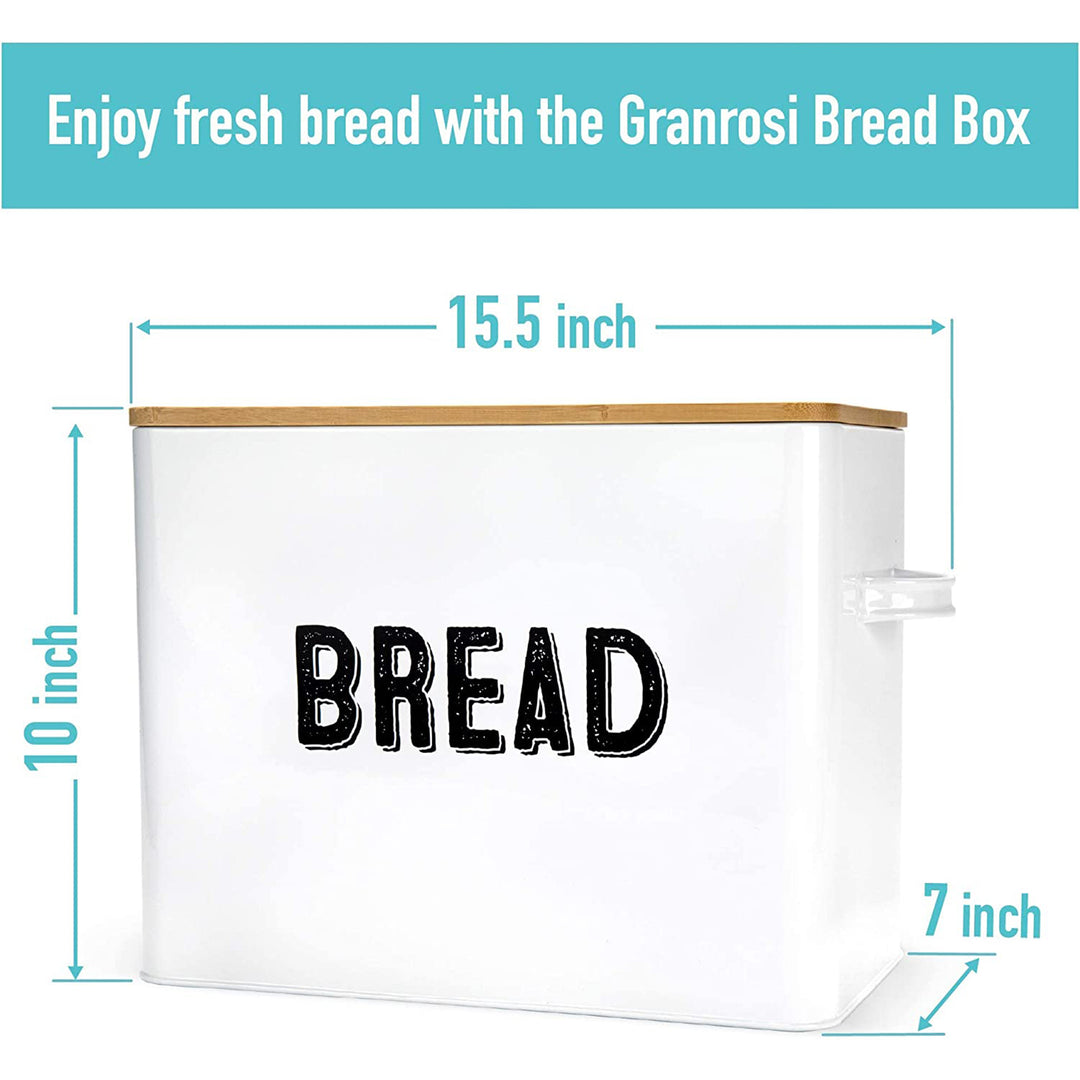 Granrosi 10" Tall Metal Bread Box Storage Container w/Bamboo Wooden Lid, White