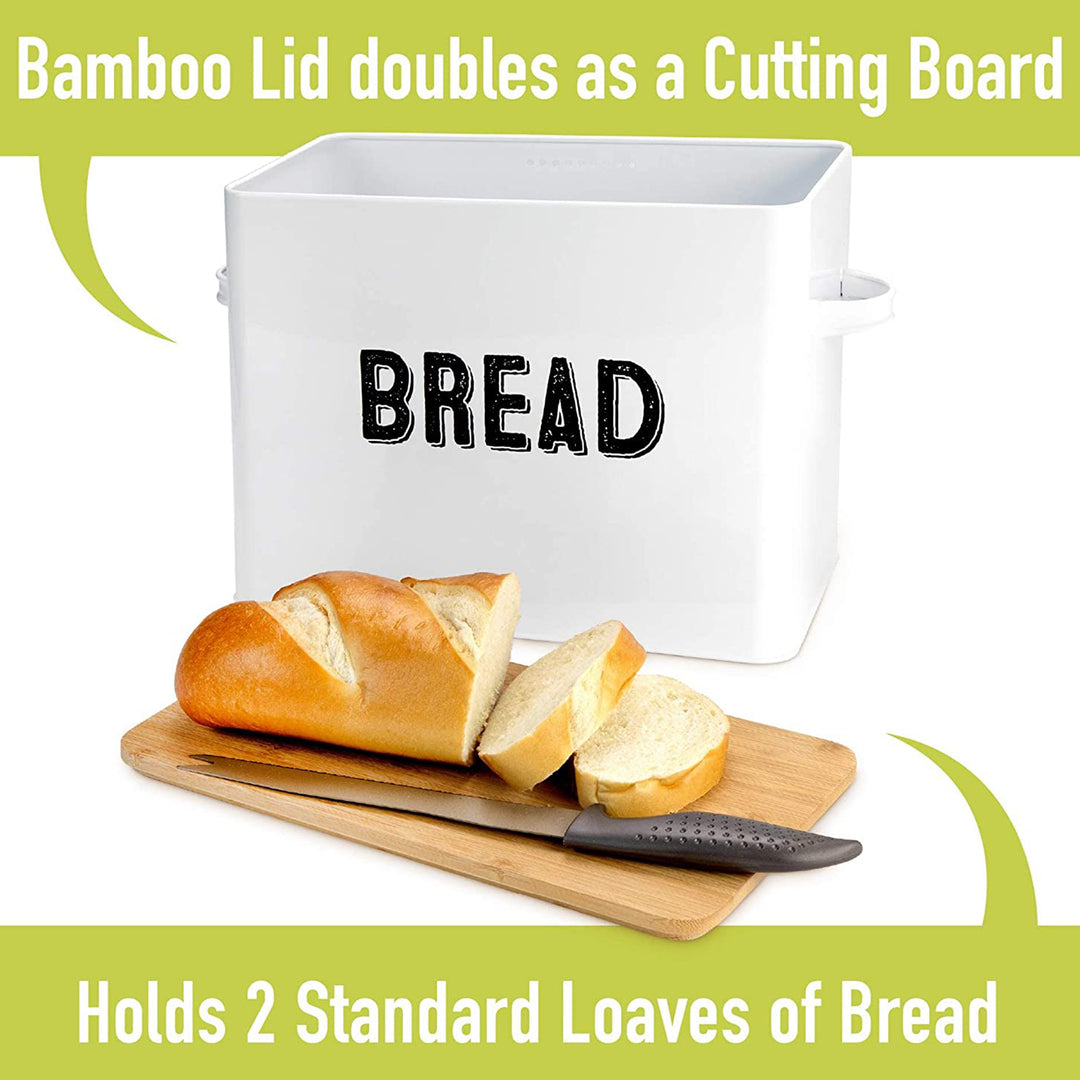 10" Tall Metal Bread Box Storage Container w/Bamboo Wooden Lid, White (Used) - VMInnovations