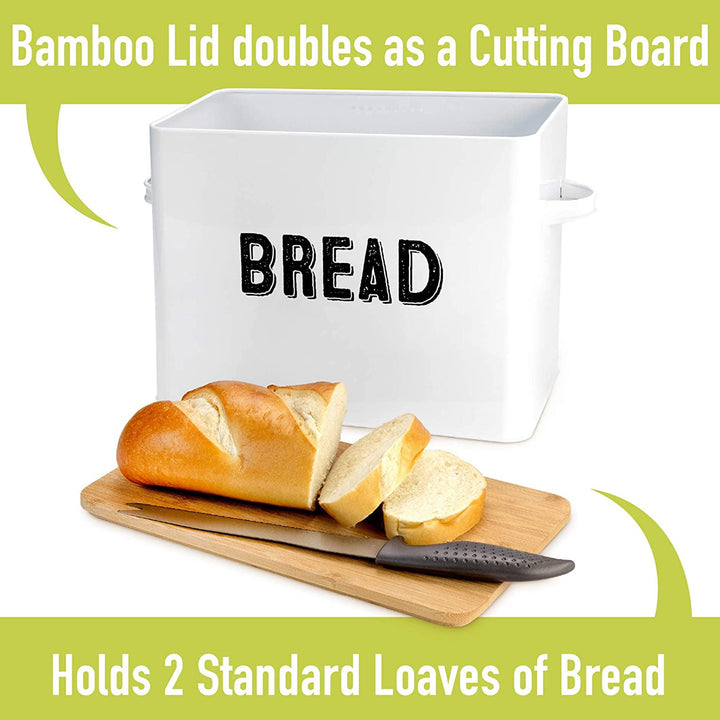 10" Tall Metal Bread Box Storage Container w/Bamboo Wooden Lid, White (Used) - VMInnovations