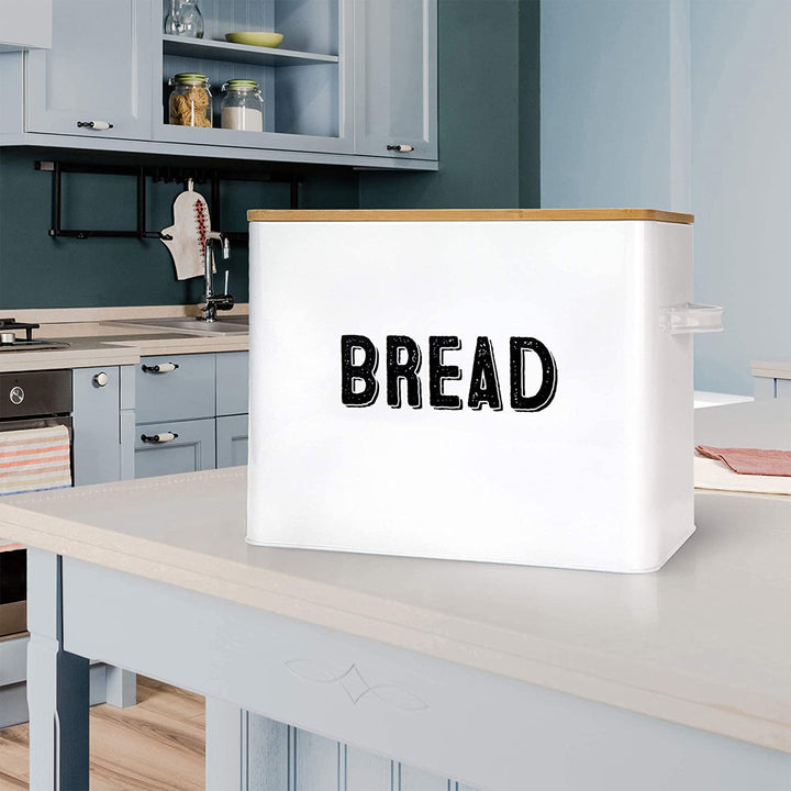 10" Tall Metal Bread Box Storage Container w/Bamboo Wooden Lid, White (Used) - VMInnovations