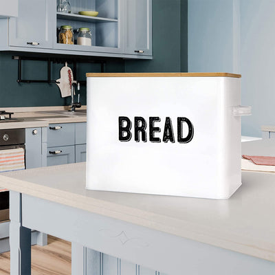 10" Tall Metal Bread Box Storage Container w/Bamboo Wooden Lid, White (Used) - VMInnovations