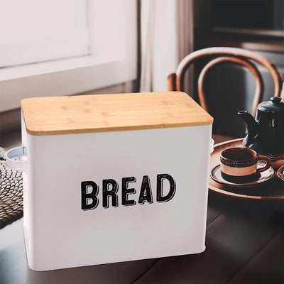 Granrosi 10" Tall Metal Bread Box Container w/Bamboo Wooden Lid, White(Open Box) - VMInnovations