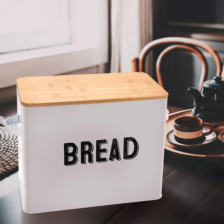 10" Tall Metal Bread Box Storage Container w/Bamboo Wooden Lid, White (Used) - VMInnovations