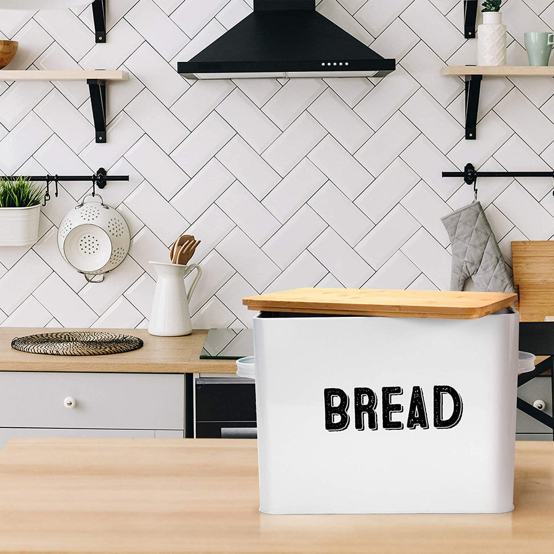 10" Tall Metal Bread Box Storage Container w/Bamboo Wooden Lid, White (Used) - VMInnovations