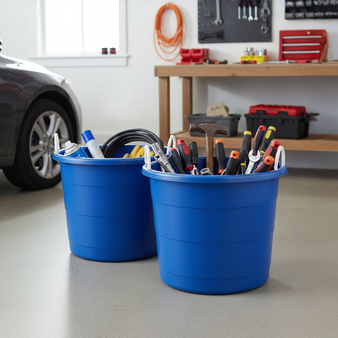 18 Gal Plastic Storage Round Utility Tub w/ Handles, Blue (2 Pack) (Open Box)